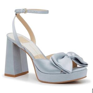 Dolce Vita Light Blue Satin Platform Ankle-Strap Heels with Bow Accent